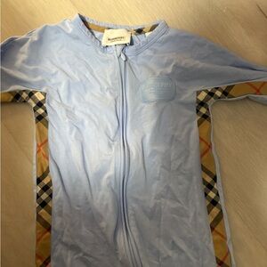 Burberry Light Blue Baby Onsie with Plaid Detail on Sides